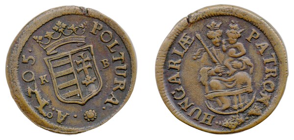 František II. Rákóczi, měděná poltura 1705, Kremnice KB, korunovaný uherský znak a Madona Patrona Hungariae