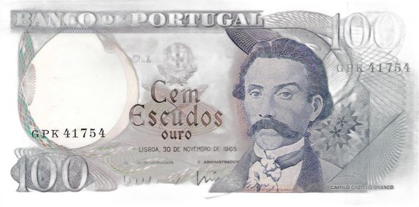 Portugalsko, 100 escudos 1965, Banco de Portugal, Camilo Castelo Branco