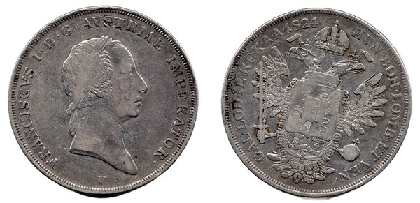 František I. Rakouský – scudo 1824 V, Benátky, Lombardsko-benátské království