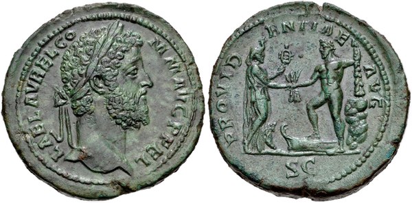 Sestercius Commoda, Řím 192, portrét císaře a rub s opisem PROVIDENTIAE AVG