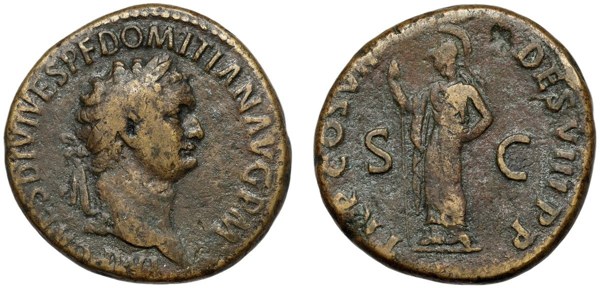 Sestercius Domitiana, Řím 81 n. l., na rubu Minerva s kopím