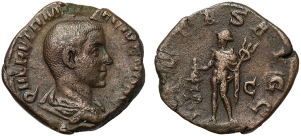 Sestercius Herennia Etrusca jako caesara, Řím 250–251, rub s Merkurem