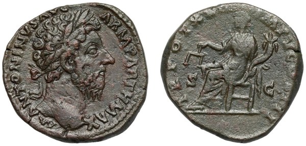 Sestercius Marca Aurelia, Řím 168–169 n. l., na rubu sedící Aequitas s vahami
