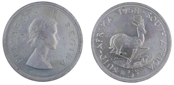 Jihoafrická unie, 5 šilinků 1958 s portrétem Alžběty II. a antilopou skákavou