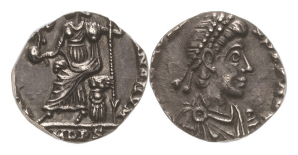 Honorius, siliqua, mincovna Mediolanum 395–402, rub s Romou a značkou MDPS