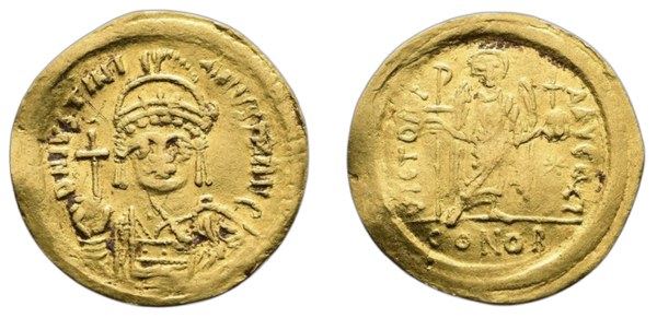 Justinián I., zlatý solidus, Konstantinopol, čelné poprsí v přilbě s globem a anděl s křížem