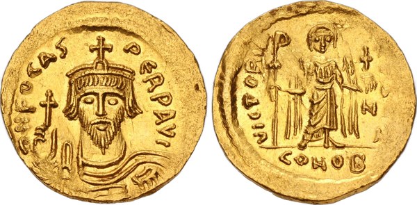 Byzantská říše, Fokas, zlatý solidus, Konstantinopol, líc s vousatým císařem a rub s andělem