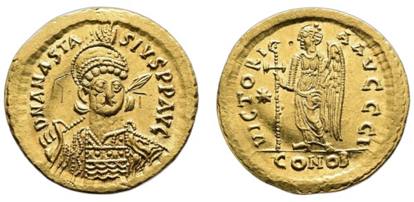 Zlatý solidus byzantského císaře Anastasia I. (491–518), na rubu Viktorie