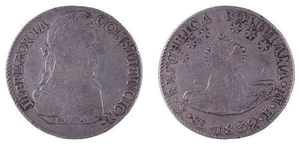 Bolívie, 8 solů 1839 s poprsím Simóna Bolívara, mincovna Potosí