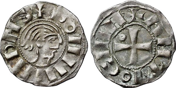 Denár Bohemunda III. z Antiochie s hlavou v přilbě, ražba z let 1149–1163