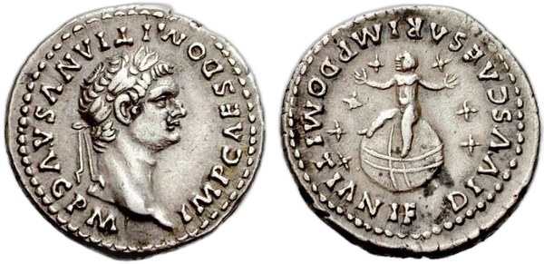 Domitianus – stříbrný denár, Řím, 88–96, na rubu zbožštěný syn na zeměkouli mezi sedmi hvězdami