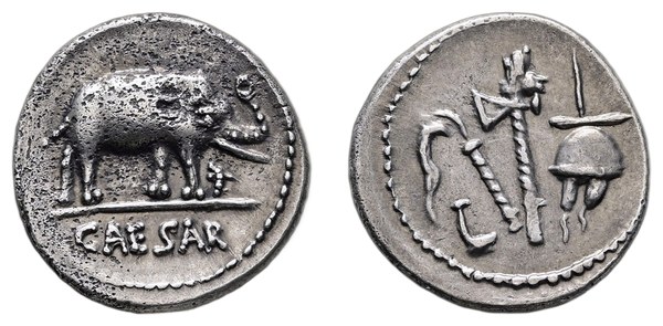 Julius Caesar – stříbrný denár se slonem, 49–48 př. n. l.
