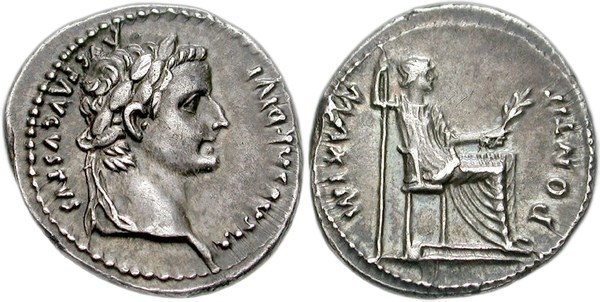 Tiberius – stříbrný denár, Lugdunum, na rubu sedící Livia jako Pax