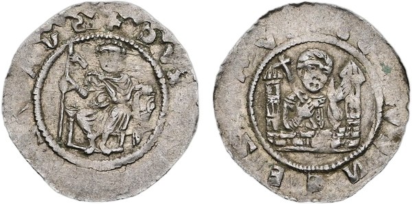Vladislav II., stříbrný denár Cach 558, panovník na trůnu a světec mezi věžemi