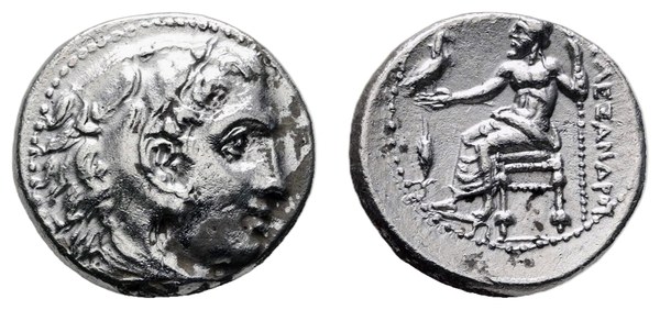 Alexandr III. Veliký, stříbrná drachma s hlavou Hérakla a trůnícím Diem