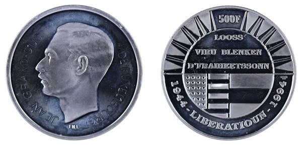Lucembursko – stříbrná mince 500 franků 1994, 50. výročí osvobození