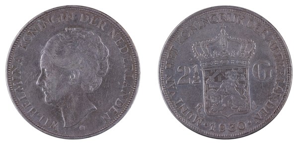 Nizozemsko – stříbrná mince 2½ guldenu 1930, královna Vilemína