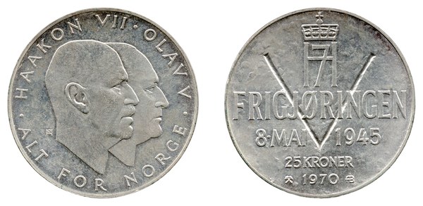 Norsko, 25 korun 1970 k 25. výročí osvobození, portréty Haakona VII. a Olafa V.
