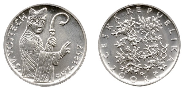 Česká republika, stříbrná 200 Kč 1997 k 1000. výročí úmrtí svatého Vojtěcha