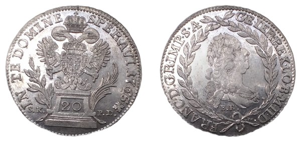 20 krejcar Františka I. Štěpána Lotrinského s letopočtem 1765
