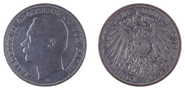 Fridrich II. Bádenský, 3 marky 1908 G, Karlsruhe