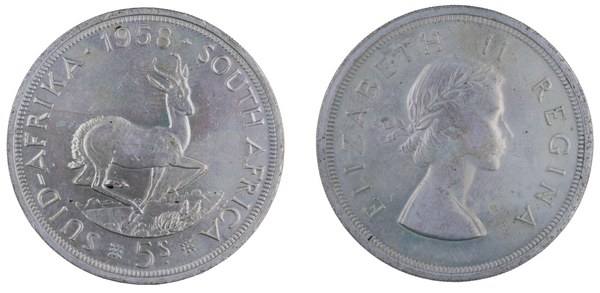 Jihoafrická unie, 5 šilinků 1958 se springbokem, Alžběta II.