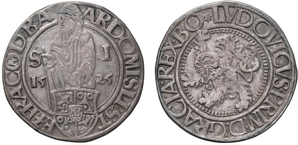 Šlikové, jáchymovský tolar 1525 se svatým Jáchymem a českým lvem