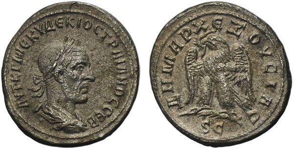 Římská říše, Traján Decius, billonová tetradrachma, Antiochie 250–251, na rubu orel