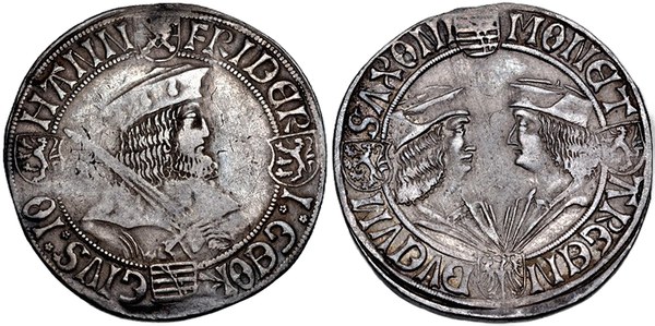 Sasko, Fridrich III. Moudrý s Janem a Jiřím, guldengroš (tolar s klapkovými čepicemi), asi 1500–1507