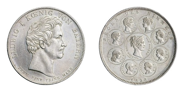Bavorsko, Ludvík I. Bavorský, konvenční tolar 1828 Segen des Himmels, královna Tereza a děti