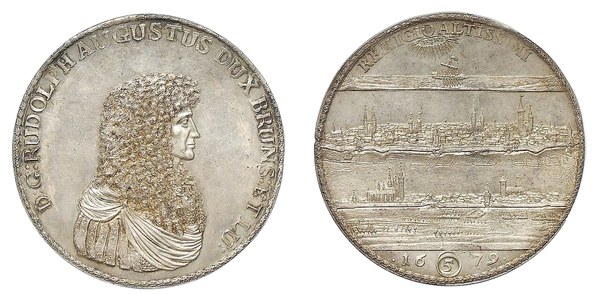 Brunšvicko-Wolfenbüttelsko, Rudolf August, pětinásobný tolar 1679, Zellerfeld, veduty Brunšviku a Wolfenbüttelu