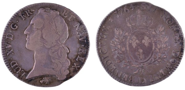 Écu Ludvíka XV. s páskou ve vlasech 1764, mincovna Lyon (D)