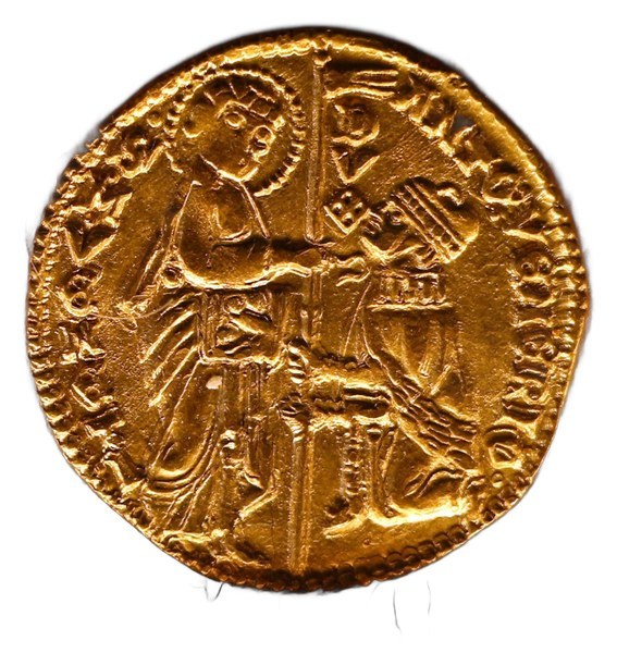 Zecchino (dukát) dóžete Antonia Veniera, Benátky 1382–1400, svatý Marek a klečící dóže