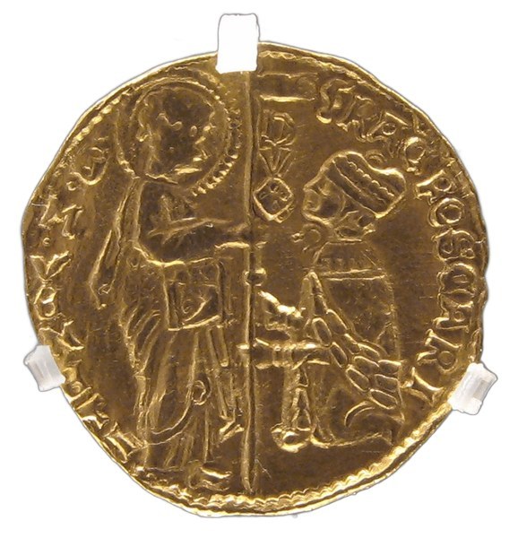 Benátský zlatý dukát (zecchino) dóžete Francesca Foscariho, 1423–1457, dóže klečící před svatým Markem