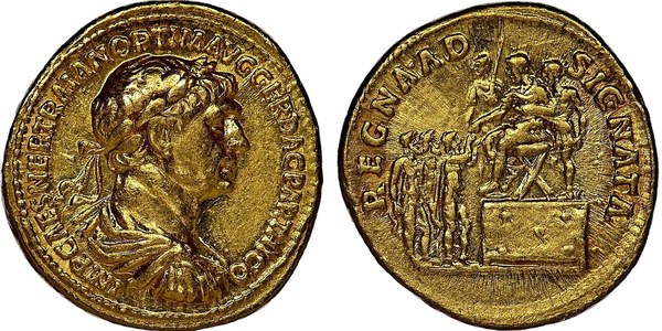 Zlatý aureus Traiana s rubem REGNA ADSIGNATA