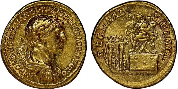 Traján – zlatý aureus, Řím, rub REGNA ADSIGNATA