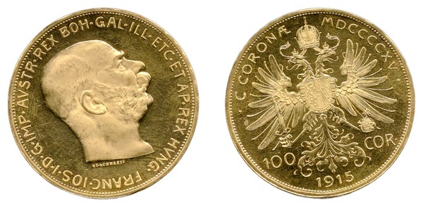 František Josef I., 100 korun 1915, Vídeň, novoražba