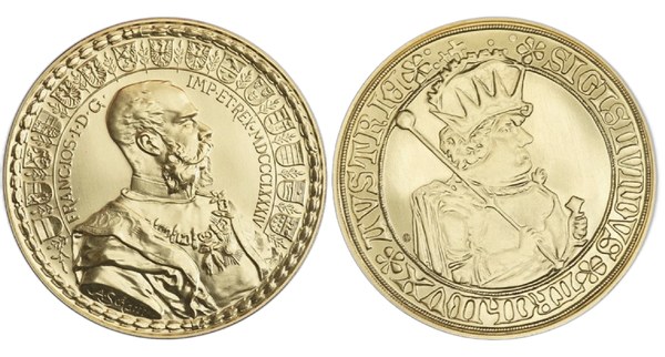 Zlatá medaile Františka Josefa I. Numistaler 1884, novoražba Kremnica 2023