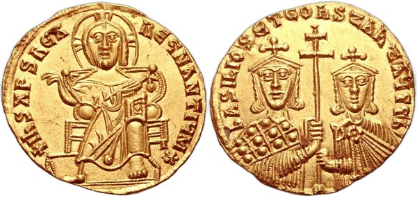 Zlatý solidus Basileia I. Makedonského, líc Kristus na trůnu, rub Basileios I. a Konstantin