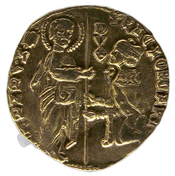Francesco Foscari – benátský zlatý dukát (zecchino), 1423–1457, dóže klečí před svatým Markem
