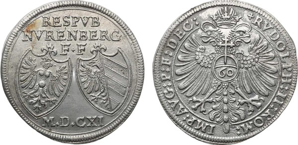 Norimberk, říšský zlatník (60 krejcarů) 1611 s titulem Rudolfa II.