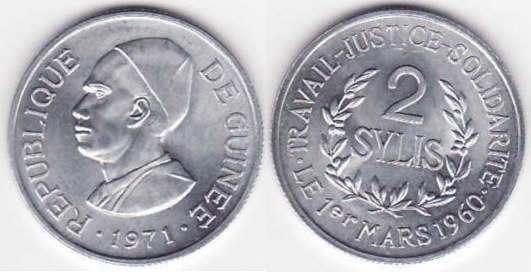 Hliníková guinejská mince 2 syli z roku 1971 s podobiznou Ahmeda Sékou Tourého
