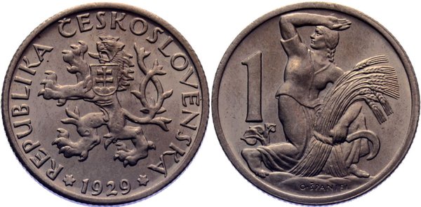 Československá koruna z mědiniklu z roku 1929, líc se státním znakem a rub s ženou se snopem
