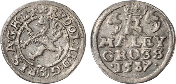 Malý groš Rudolfa II. Habsburského z Českých Budějovic, 1587 – líc s českým lvem a rub s korunovaným R a nápisem MALEY GROSS