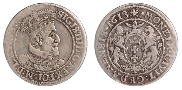 Gdaňský ort Zikmunda III. Vasy z roku 1618 – líc s korunovaným poprsím krále a rub se znakem Gdaňska drženým lvy