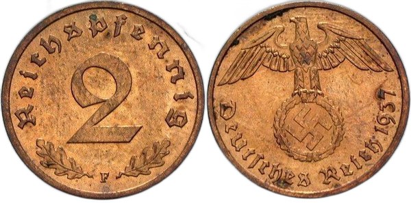 Bronzové 2 říšské feniky z roku 1937 – hodnota 2 s nápisem Reichspfennig a říšská orlice s nápisem Deutsches Reich