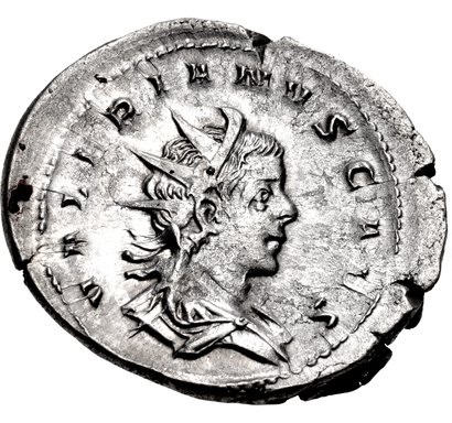 Líc stříbrného antoniniánu caesara Valeriána II. s jeho portrétem