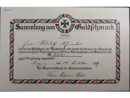 Certifikát daru zlata – Německé císařství, 1917 (na tiskopisu z r. 1916)