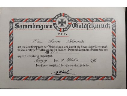 Certifikát daru zlata – Německé císařství, 1917 (na tiskopisu z r. 1916)