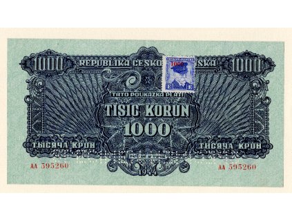 Československo – 1000 korun 1944, poukázka, série AA, 2× SPECIMEN + kolek 1945
